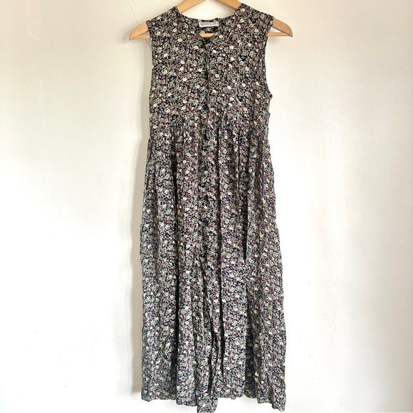 VINTAGE MIDI PLEATED BUTTONED DRESS FLORAL SLEEVELESS NEUTRAL XS S - Picture 1 of 11